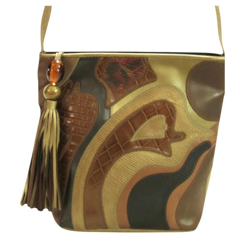 VTG SHARIF Brown/Multi LEATHER PATCHWORK Croc Embossed SHOULDER PURE BAG